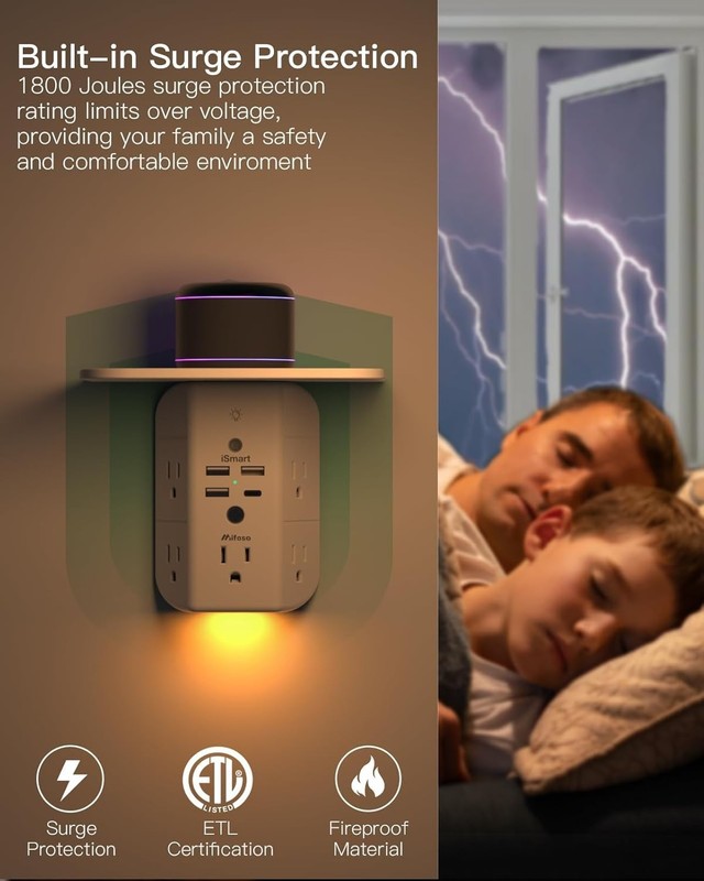 Wall Outlet Extender Surge Protector 9 in 1 USB C Shelf Night Light Power Strip gallery