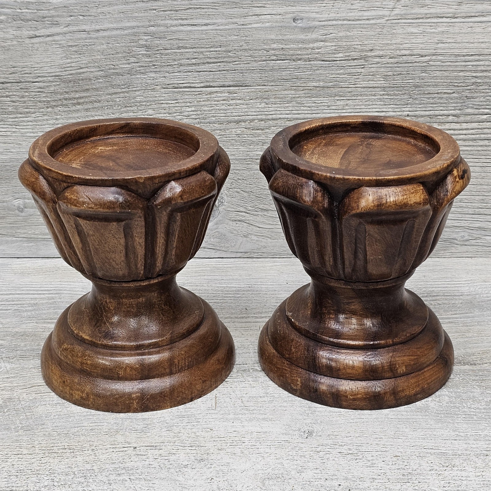 Wood Candlestick Candle Holders Risers Lot 2 Small Brown Rustic Decor Thailand gallery