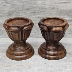 Wood Candlestick Candle Holders Risers Lot 2 Small Brown Rustic Decor Thailand