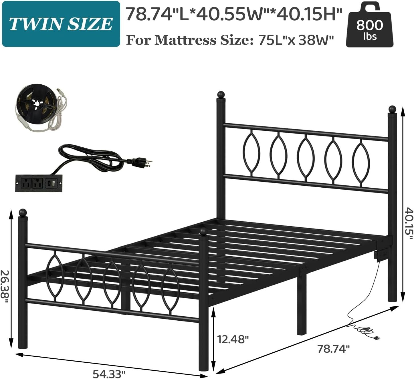 Twin Size Bed Frame LED Toddler Kid Boy Girl Bedroom Cama Para Niño Gray Black gallery
