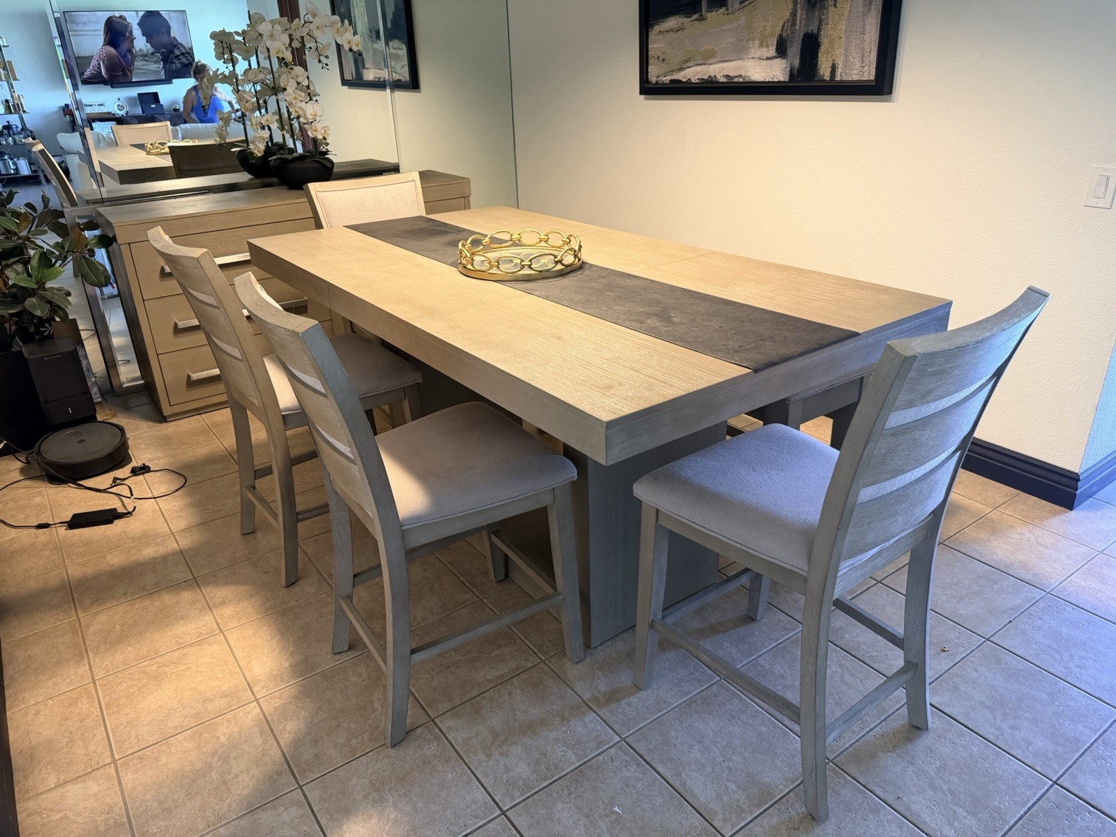7-Piece Dining Set Table, 4 Chairs, Storage Bench, Sideboard Beige/Gray gallery