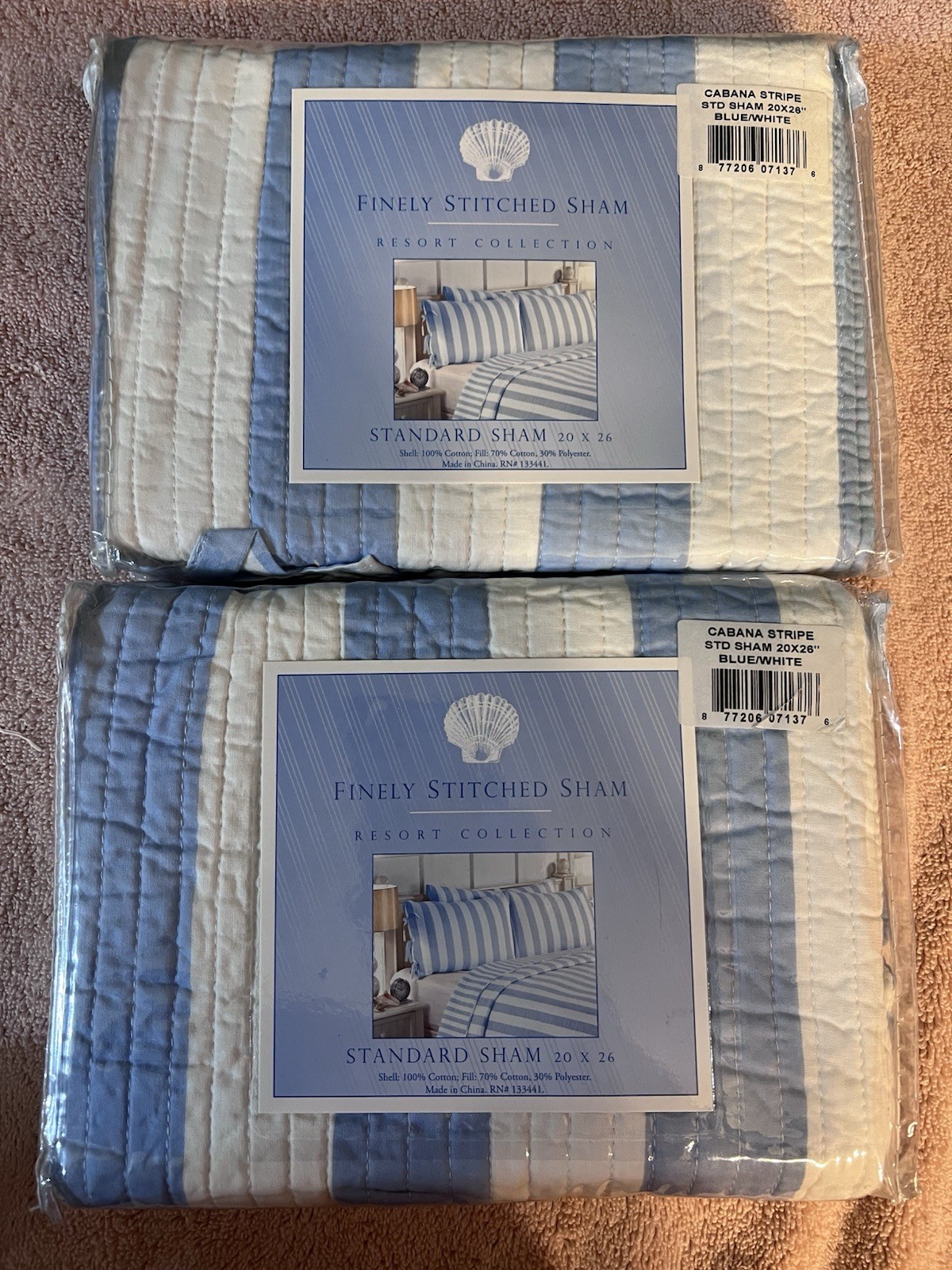 Resort Collection Quilted Striped Pillow Sham Blue White Cotton Standard 20x26 gallery