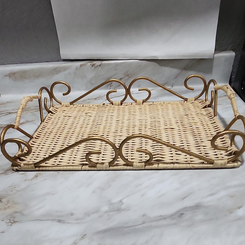Woven Wicker Serving Tray Rectangle Metal Scroll Handles Beige Gold Large partie gallery