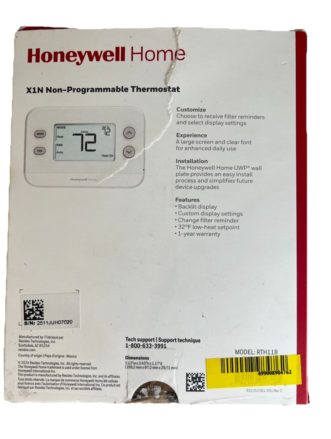 Honeywell Home X1N Non- Programmable Thermostat Single Stage RTH11B, Open Box gallery