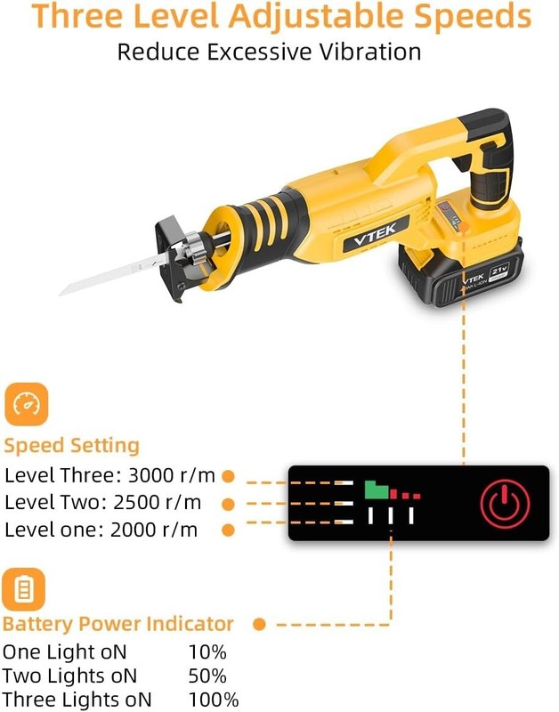 VTEK Brushless Cordless Reciprocating Saw,3 Level Speed Setting 0-3000RPM gallery