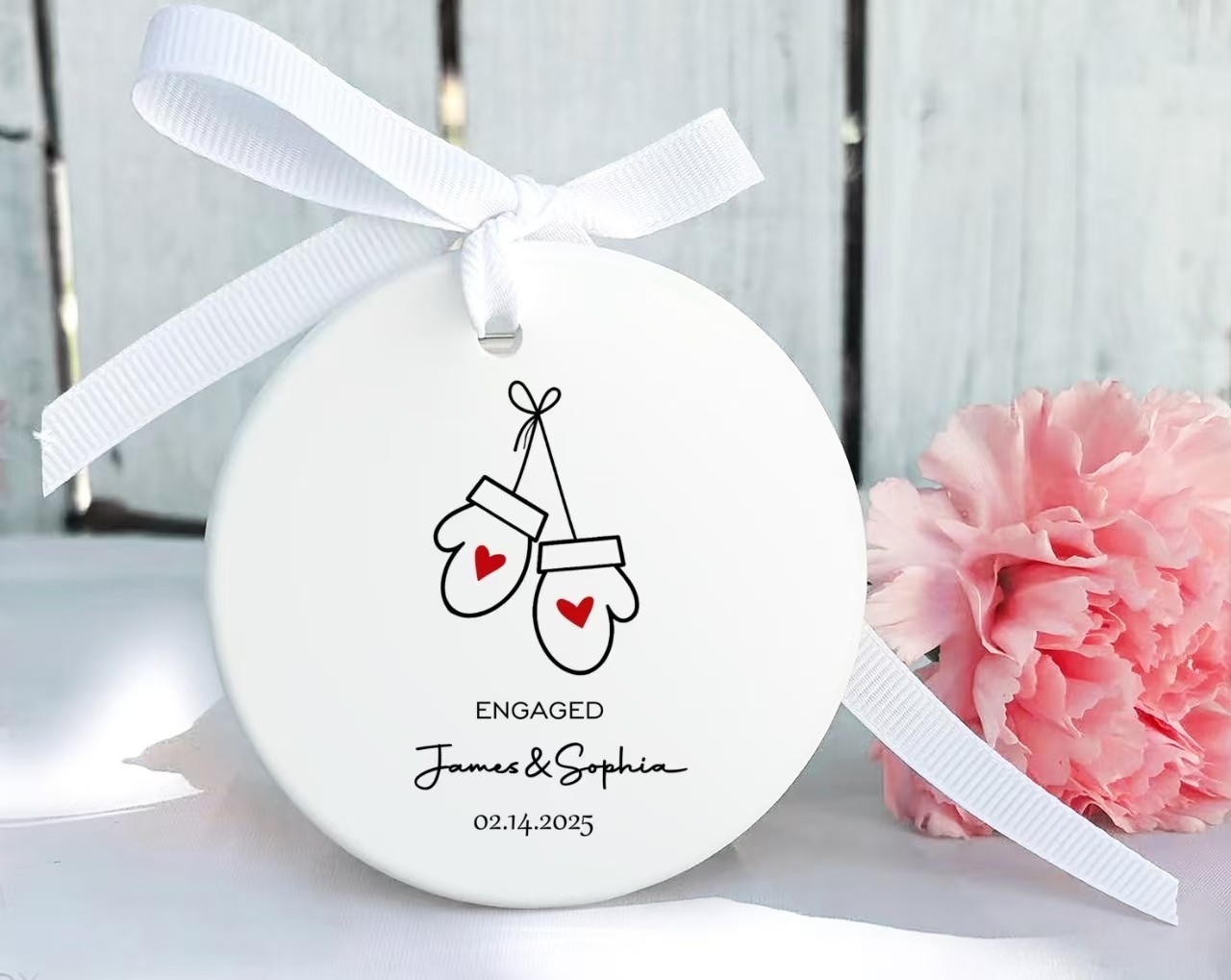 Personalized Engagement Ornament – Mittens with Hearts – Names & Date – Gift Box gallery