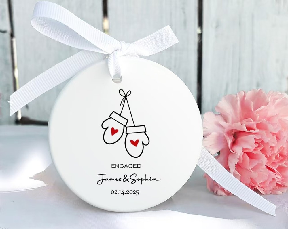 Personalized Engagement Ornament – Mittens with Hearts – Names & Date – Gift Box