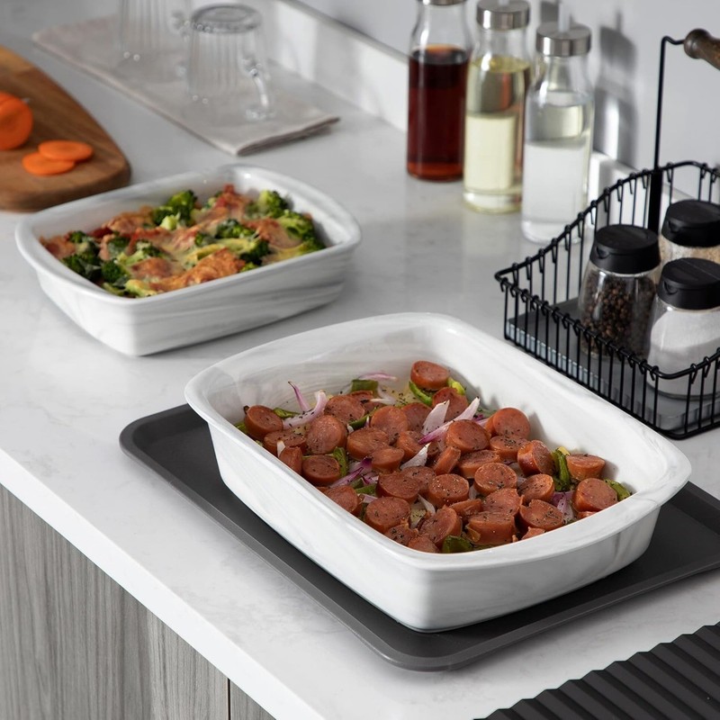 2 Pcs Rectangular Baking Dish 11'' 8''), Marble Grey Porcelain Bakeware Set gallery