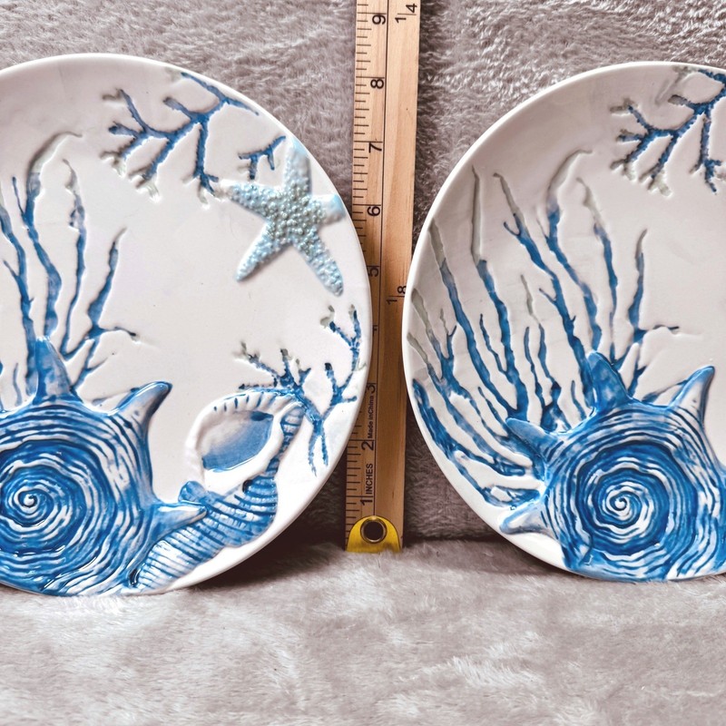 Cracker Barrel Hand Painted Stoneware Coastal Shell Starfish Salad Plates Set 2 gallery