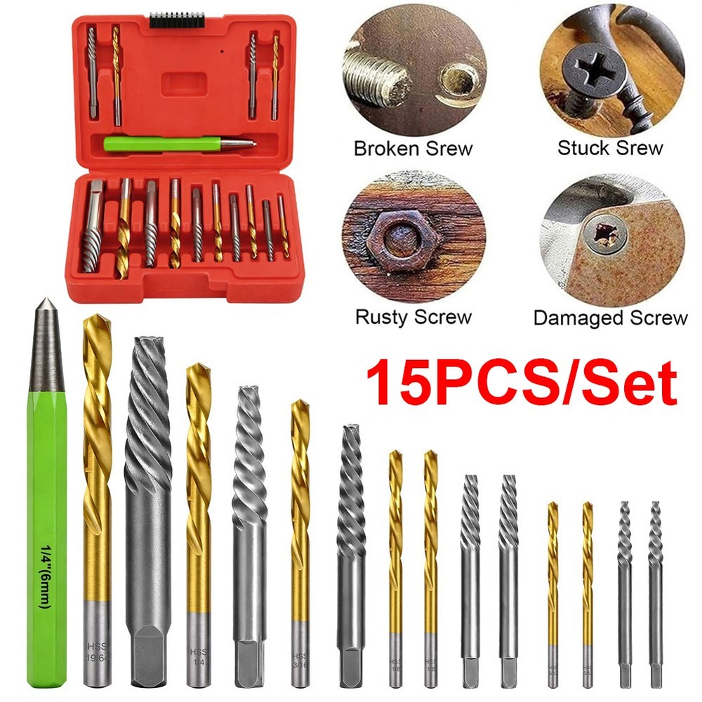 15x Screws Bolt Extractor Set W/ Reverse Drill Bit Ez Out Stripped Screw Nut Set