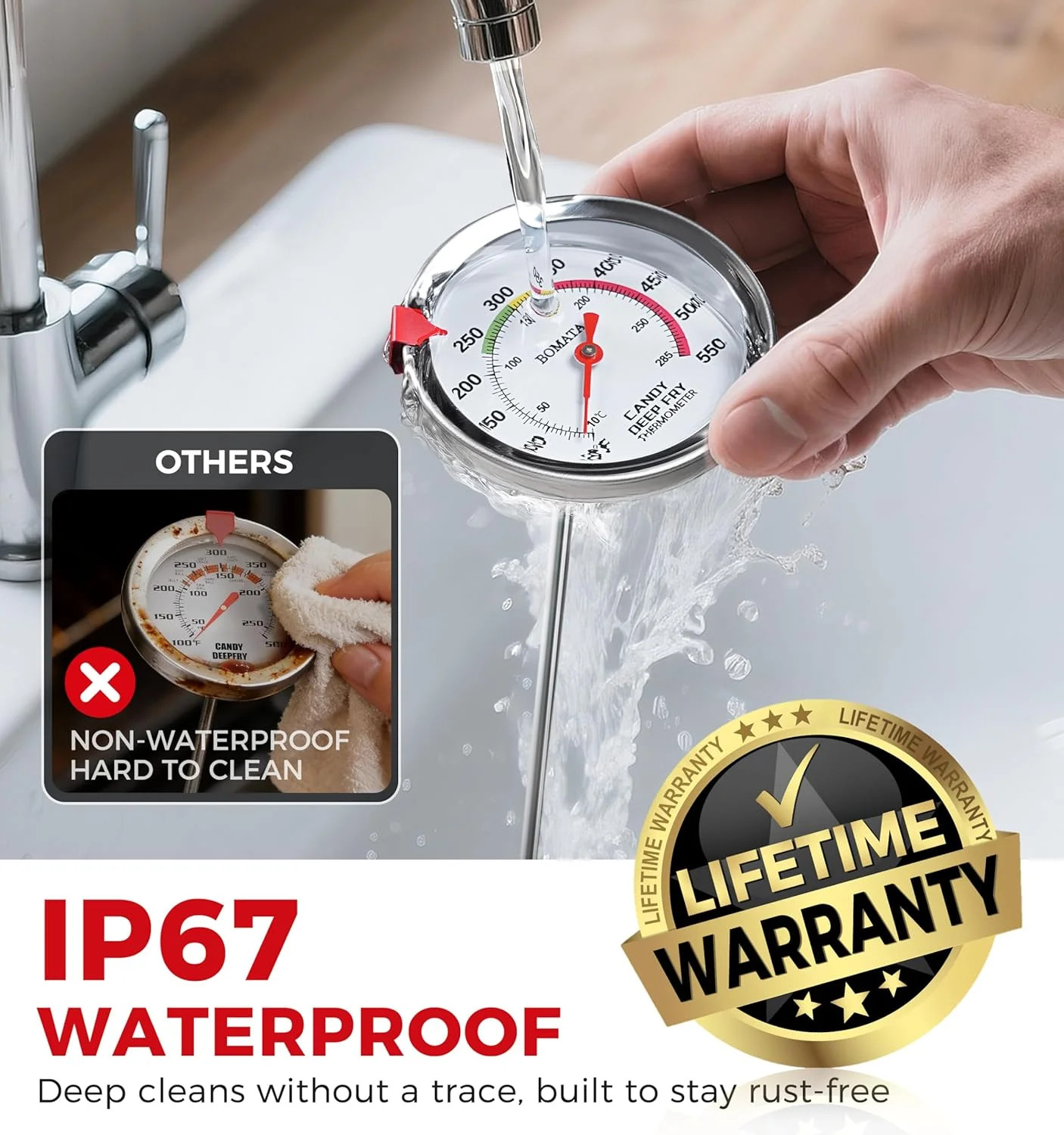 BOMATA Candy Thermometer with Pot Clip, Hands-Free Use, Waterproof IP67 and 2.5" gallery