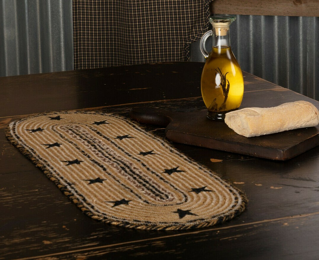 NEW KETTLE GROVE Caramel Brown BLACK STAR Braided Jute 24" Table Runner gallery