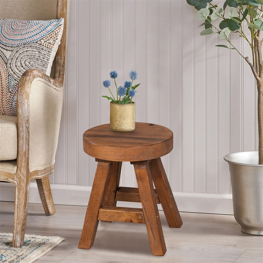 Greenage Small Rustic Old Pine Wooden Stool Round Side Table Bedside Table 18" H gallery