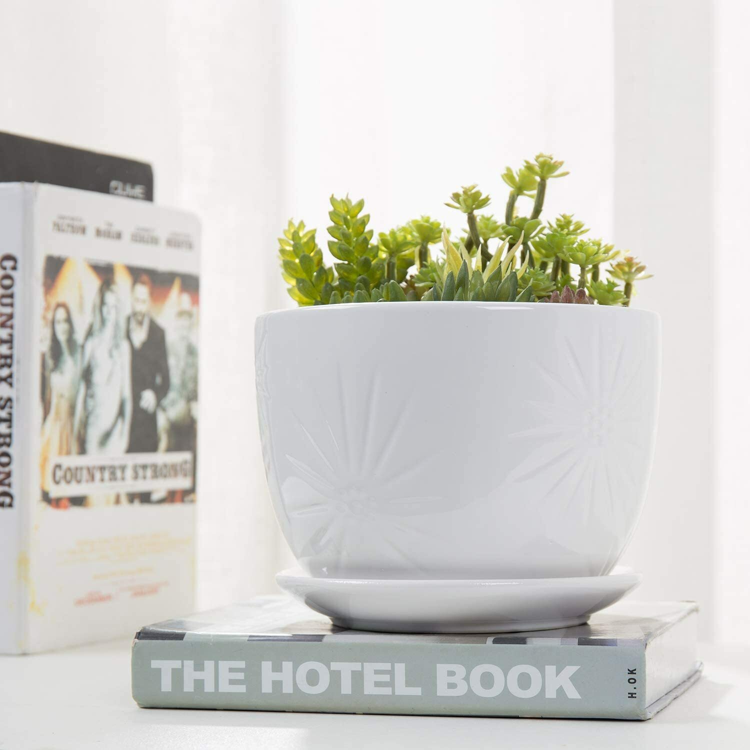 7 Inch White Sunburst Design Round Ceramic Flower Pot w/ Saucer & Drainage Hole gallery