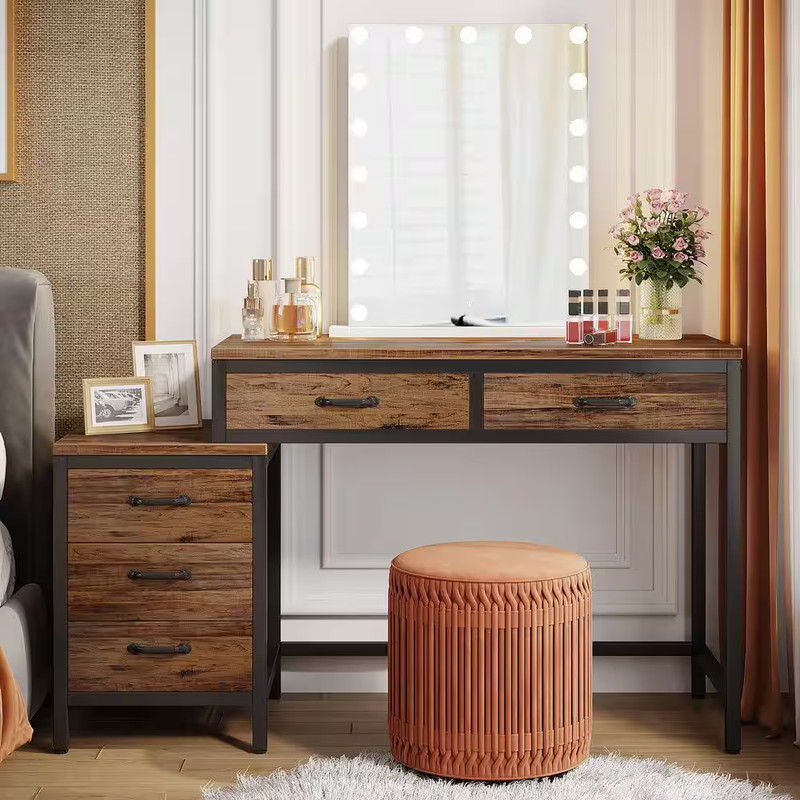 Moronia 51 In. Retangular Brown Black Computer Desk 5-Storage Drawers Home Offic gallery