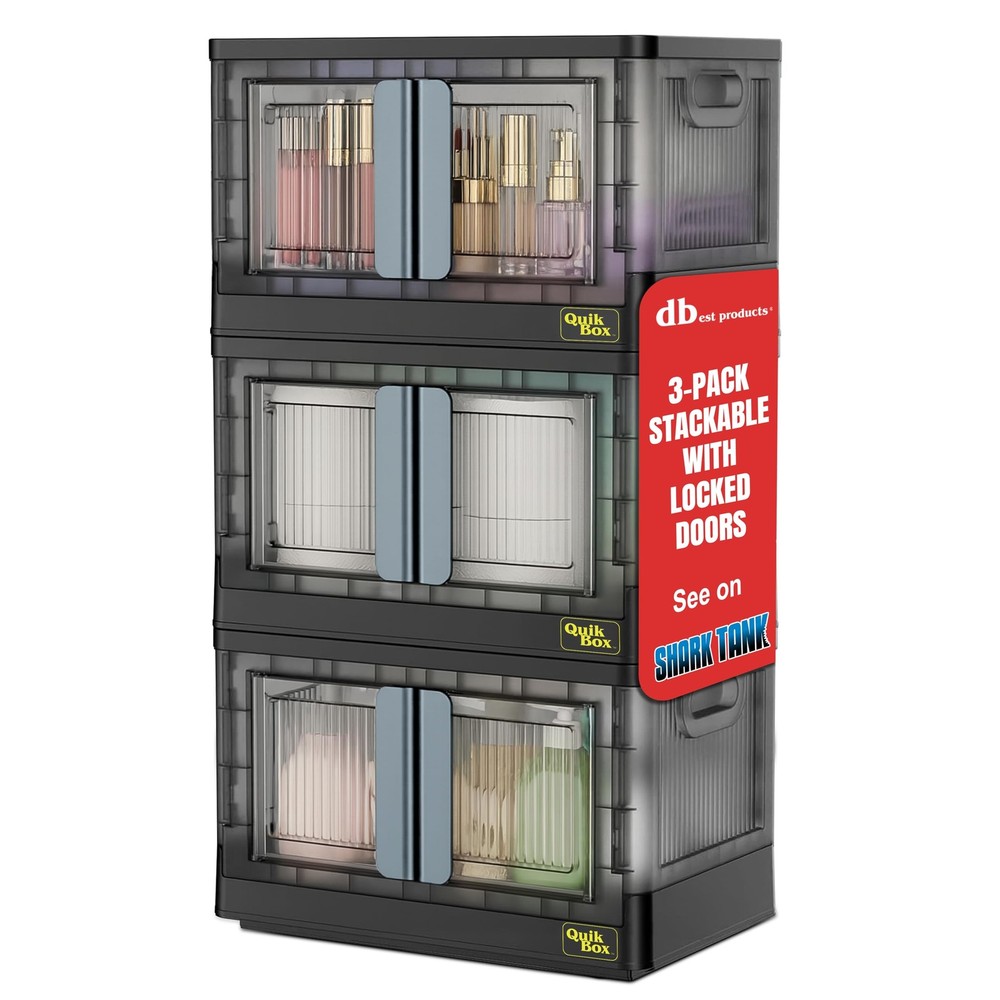 Quik - 8.5 Gallon 3-Pack Stackable Storage Bins with Doors & Wheels - Collaps...