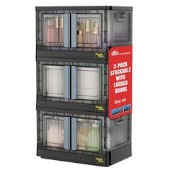 Quik – 8.5 Gallon 3-Pack Stackable Storage Bins with Doors & Wheels – Collaps…