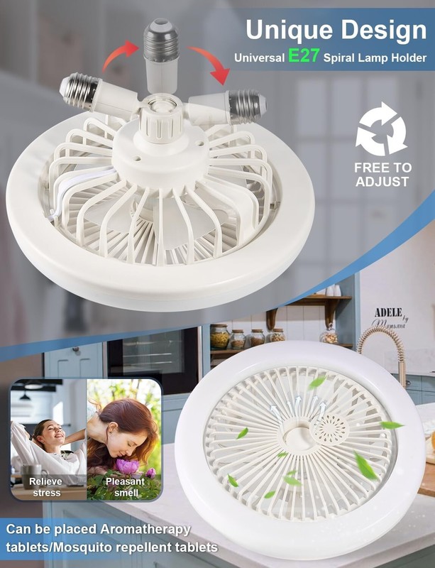 10" Adjustable E27 Socket Ceiling Fan Light 3-Color Temp LED Chandelier w/Remote gallery