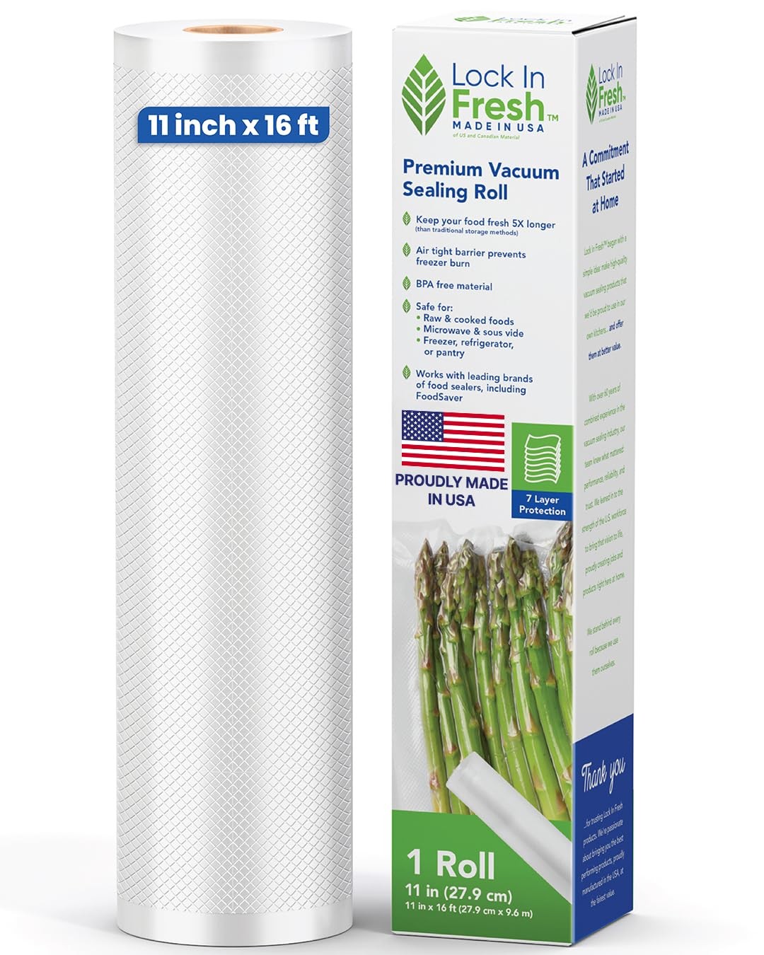 Lock In Fresh Vacuum Sealer Bags for Food - 11" x 16' - 1 Roll, Transparent gallery