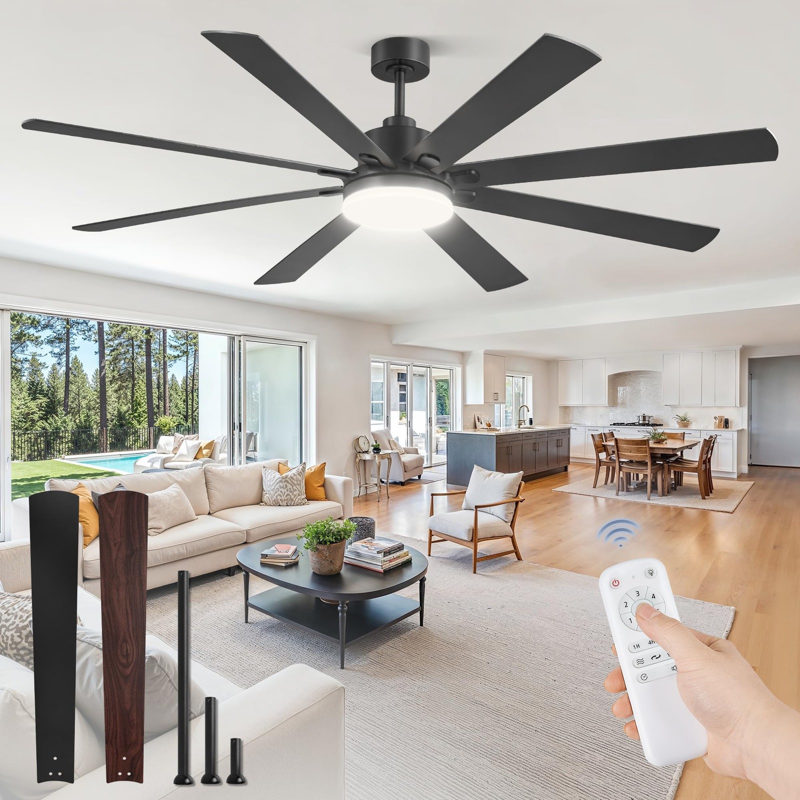 72 Inch Ceiling Fan LED Remote Control Reversible DC Motor Black Large gallery