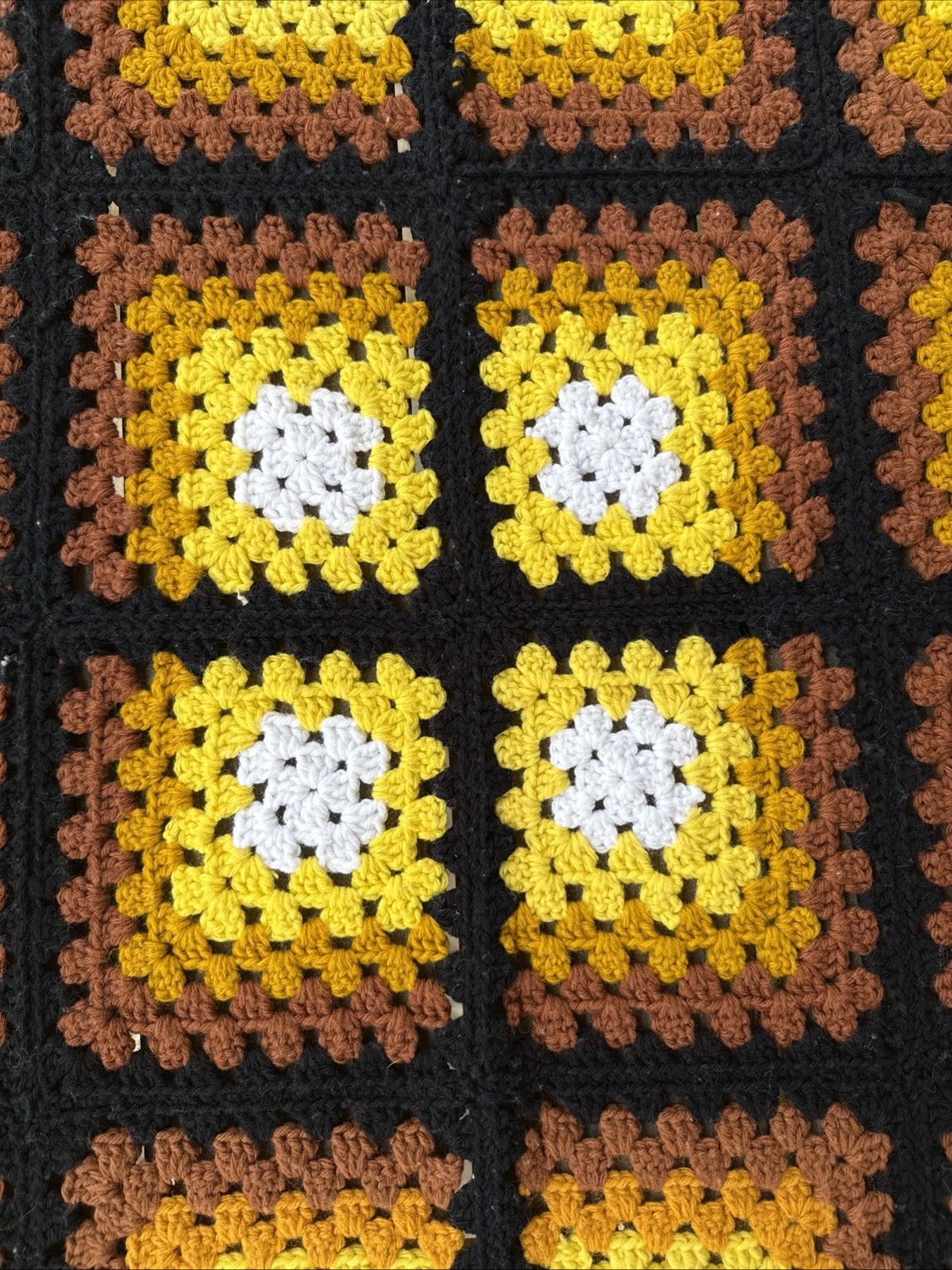 VTG 53x53in Hand-Crocheted Granny Square Afghan Blanket Brown/Yellow/Black/White gallery