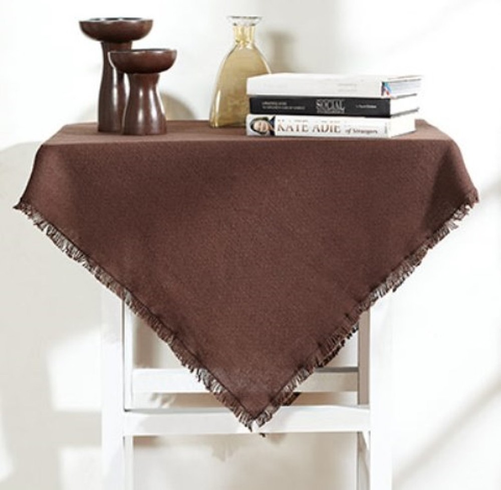 BURLAP CHOCOLATE TABLE CLOTH / TOPPER 40X40" FRINGED COTTON WOVEN INTO BURLAP
