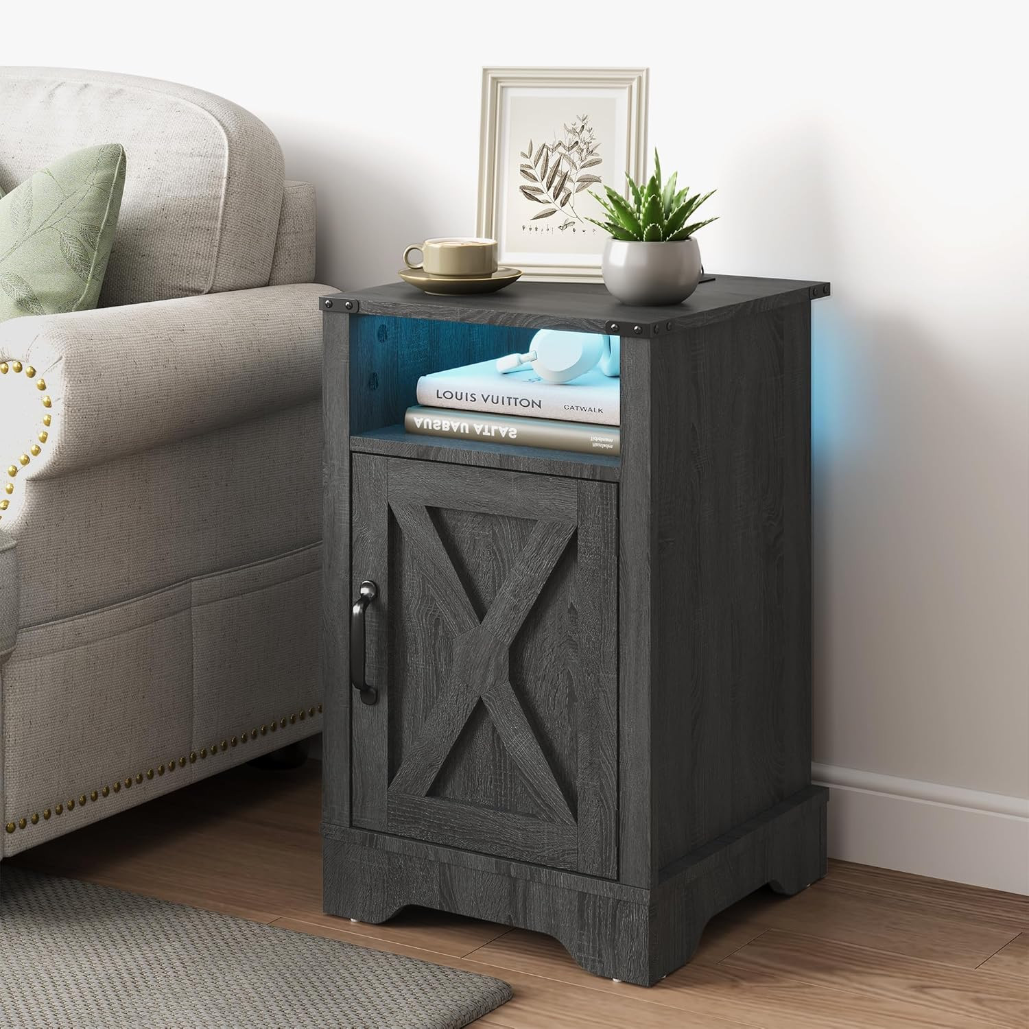 Farmhouse Nightstand with LED Lights, Charging Station & Storage, Dark Grey gallery