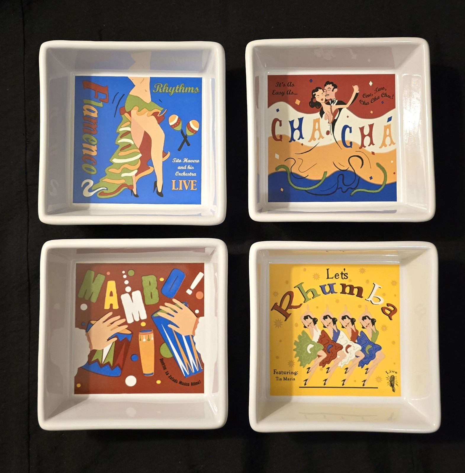 Pottery Barn 4 Square Ceramic Bowls "The Dance" Flamenco Cha Cha Mambo Rhumba gallery