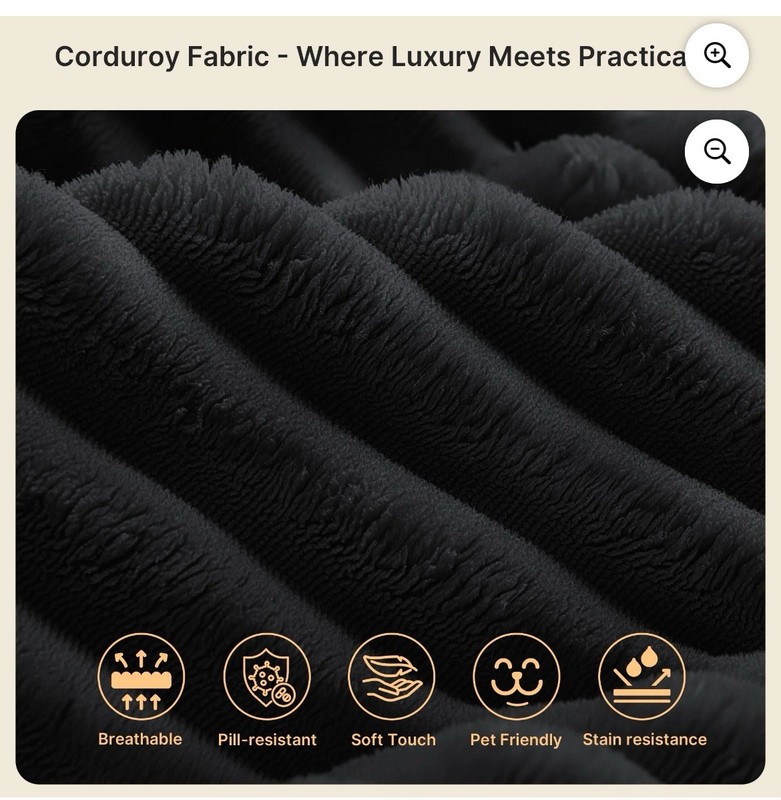 Black Corduroy Sectional Sofa, Foam Fill, Medium Firm, Breathable, Stain Resist… gallery