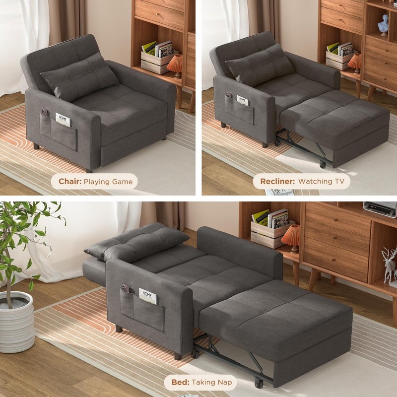 Sleeper Sofa Chair Bed, Convertible Pull Out Couch for Living Room, Dark Gray gallery
