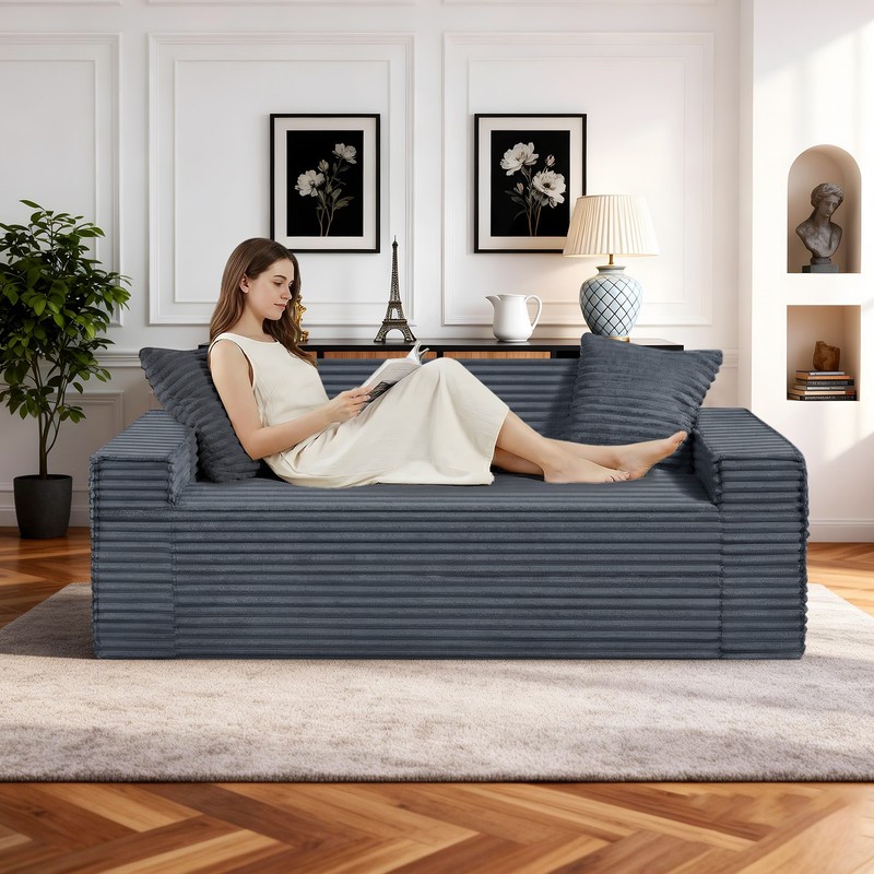 3-Seater Floor Sofa, Deep Seat, with Pillows, Compressed in Box, Corduroy, Gray gallery