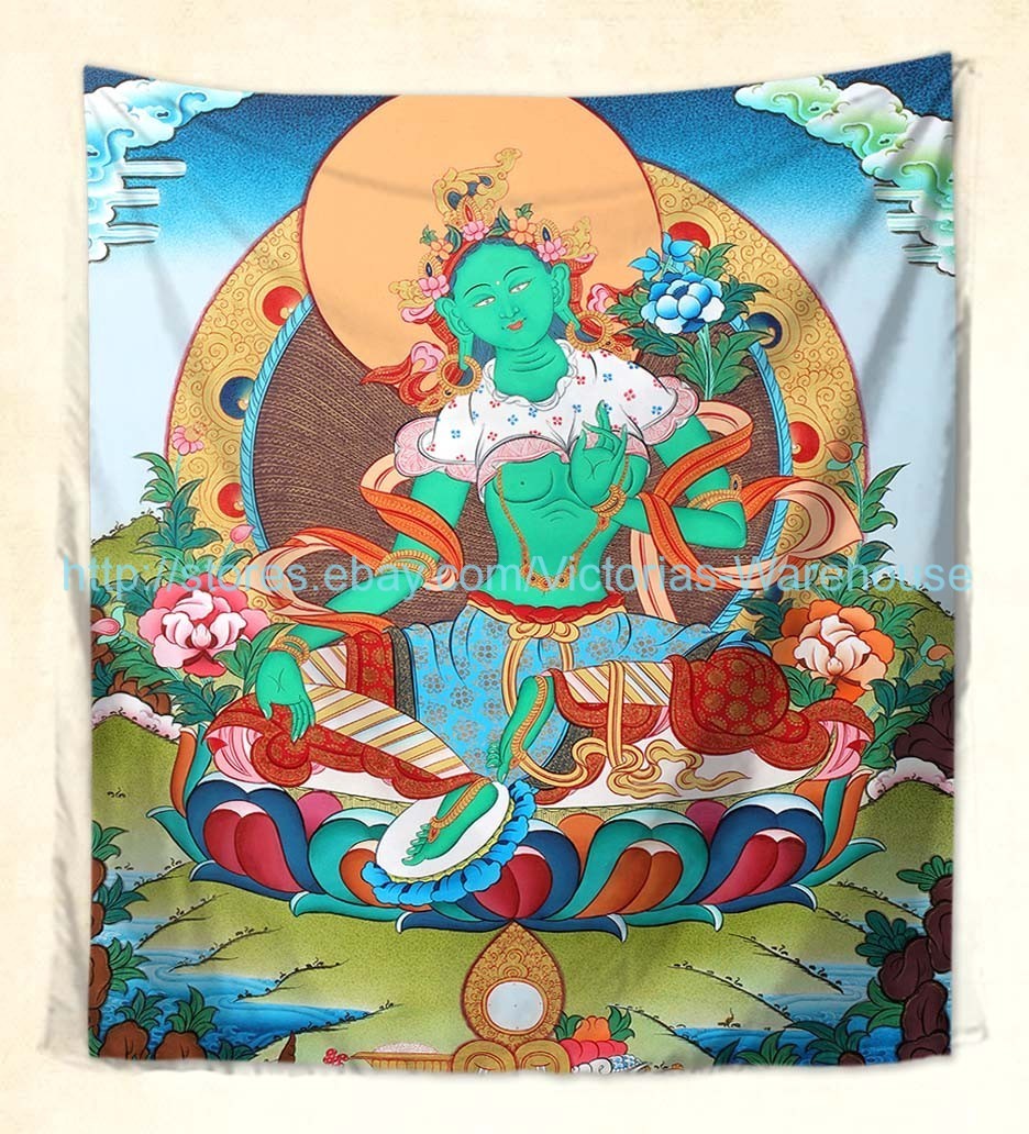 Emerald Green Goddess Green Tara Tibetan Thangka wall tapestry decor gallery