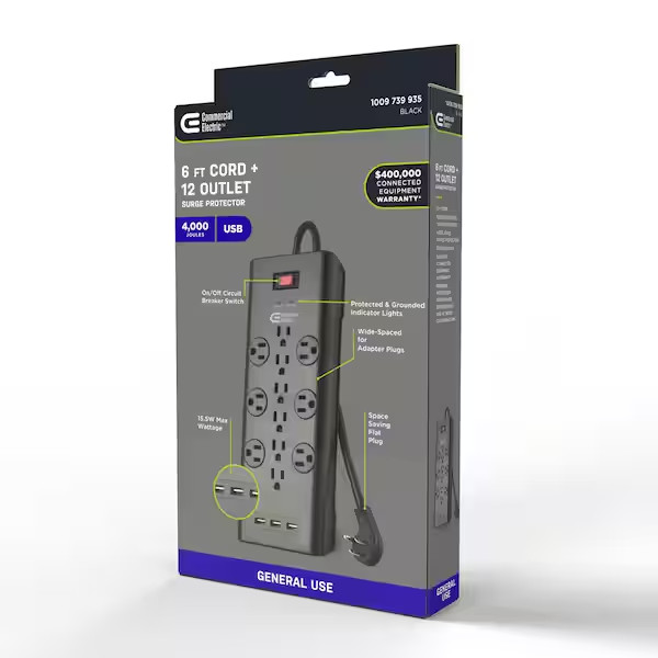 Commercial Electric 6 ft. 12-Outlet Black Surge Protector with USB gallery