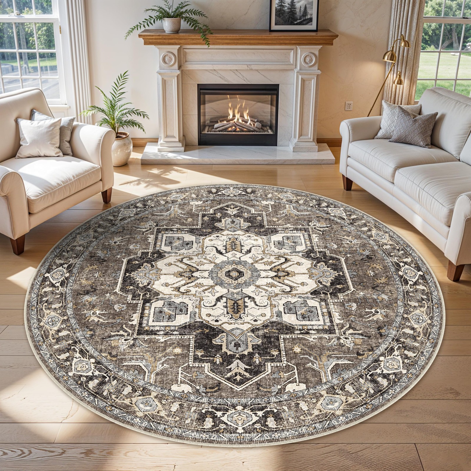 RUUGME 6ft Round Washable Rug Beige Non-Slip Ultra-Thin Dining Living Room Vinta gallery