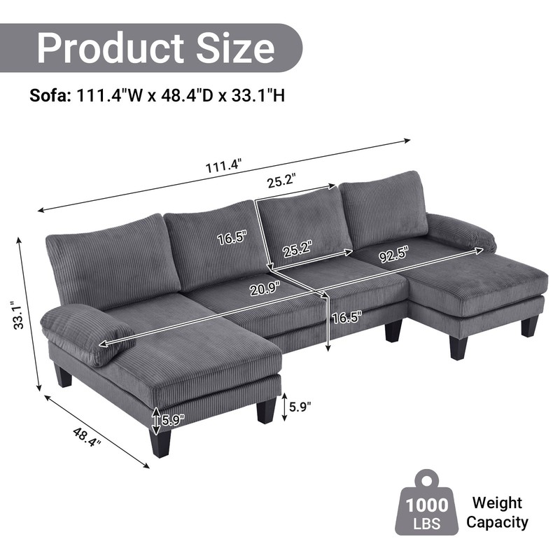 U-Shape Sectional Sofa Set with Corduroy Fabric Home Furniture Reception Room gallery