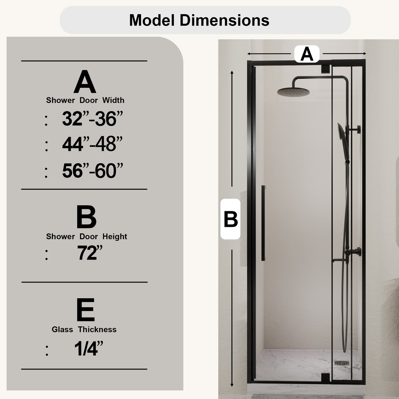 Semi-Frameless Pivot Hinged Glass Shower Door 44-48 in. W x 72 in. H,1/4" (6mm gallery