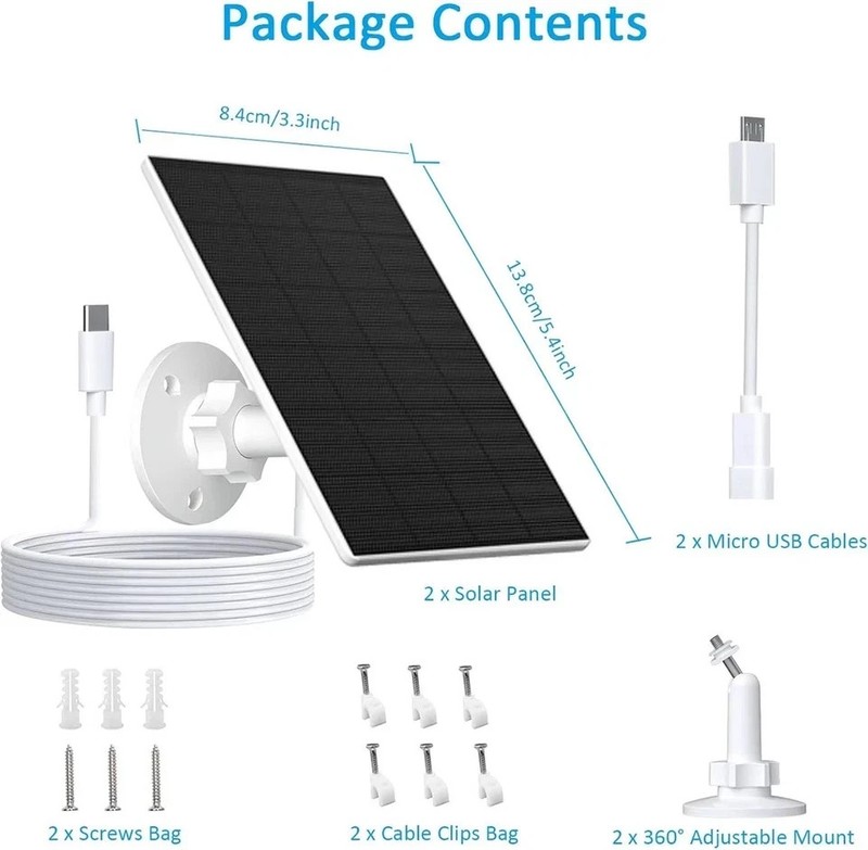Solar Panel for Security Camera, 2 Pack 2W Solar Charger with Micro USB & USB-C gallery