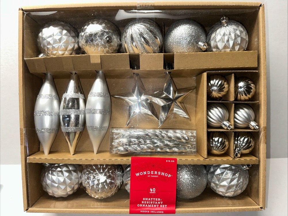 40 Shatter-Resistant Silver Metallic Christmas Tree Ornament Wondershop 2023 NEW