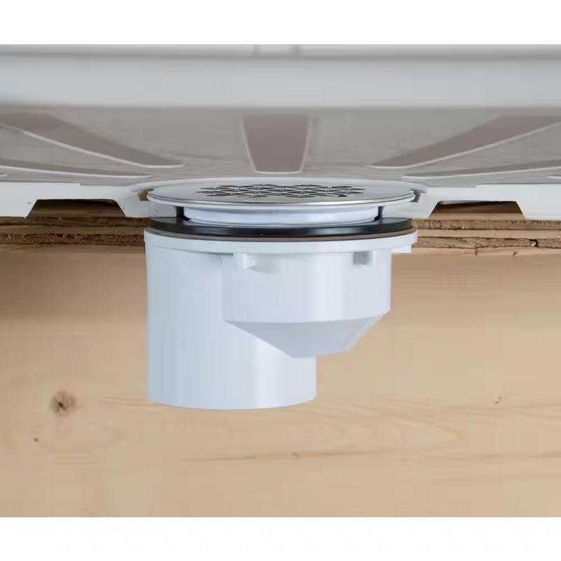 Round Offset White PVC Shower Drain with 4-1/4 In. round Snap-In Stainless Steel gallery