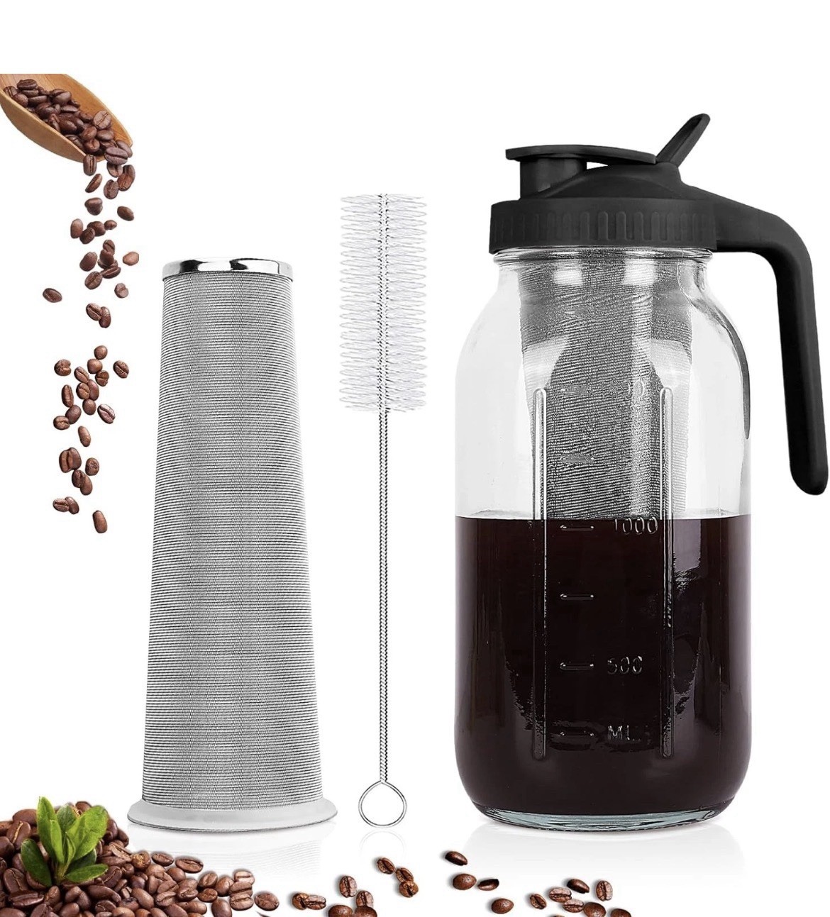 Cold Brew Coffee Maker,64 oz Mason Jar Pitcher with Stainless Steel Filter, Pour gallery