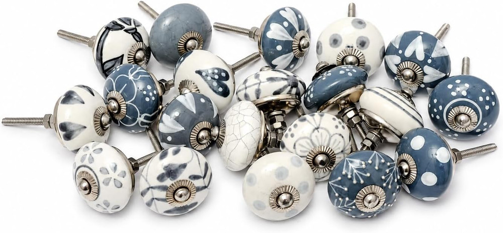 20 Knobs Grey & White Cream Hand Painted Ceramic Knobs Cabinet Drawer Pull Pulls