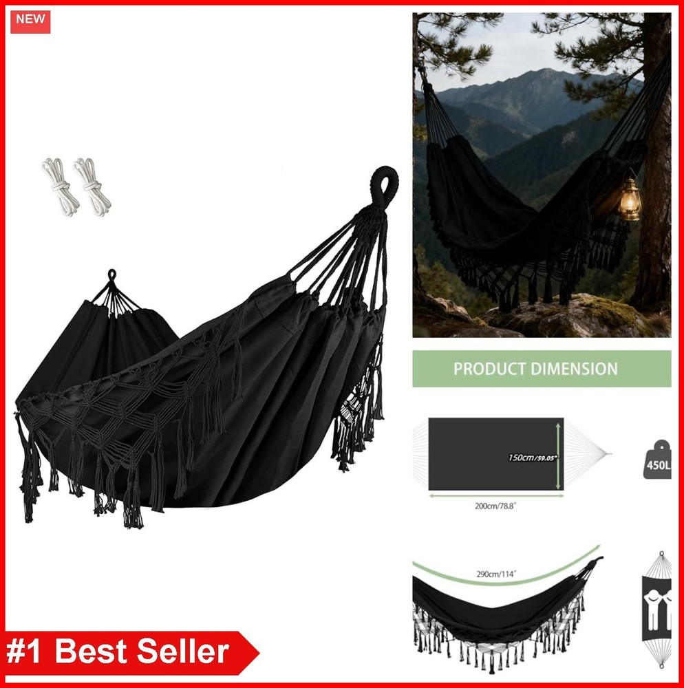 Double Hammock Macrame Boho Cotton with Hanging Ropes 485LBS Capacity Camping