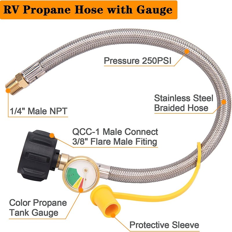 2 Pack 15 inch Stainless RV Propane Hose with Gauge QCC1/ Type 1 Connection 40lb gallery