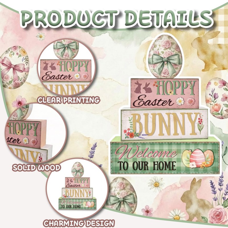Easter Decorations, 4 Pcs Wooden Easter Table Decorations, Easter Egg Tiered Tra gallery