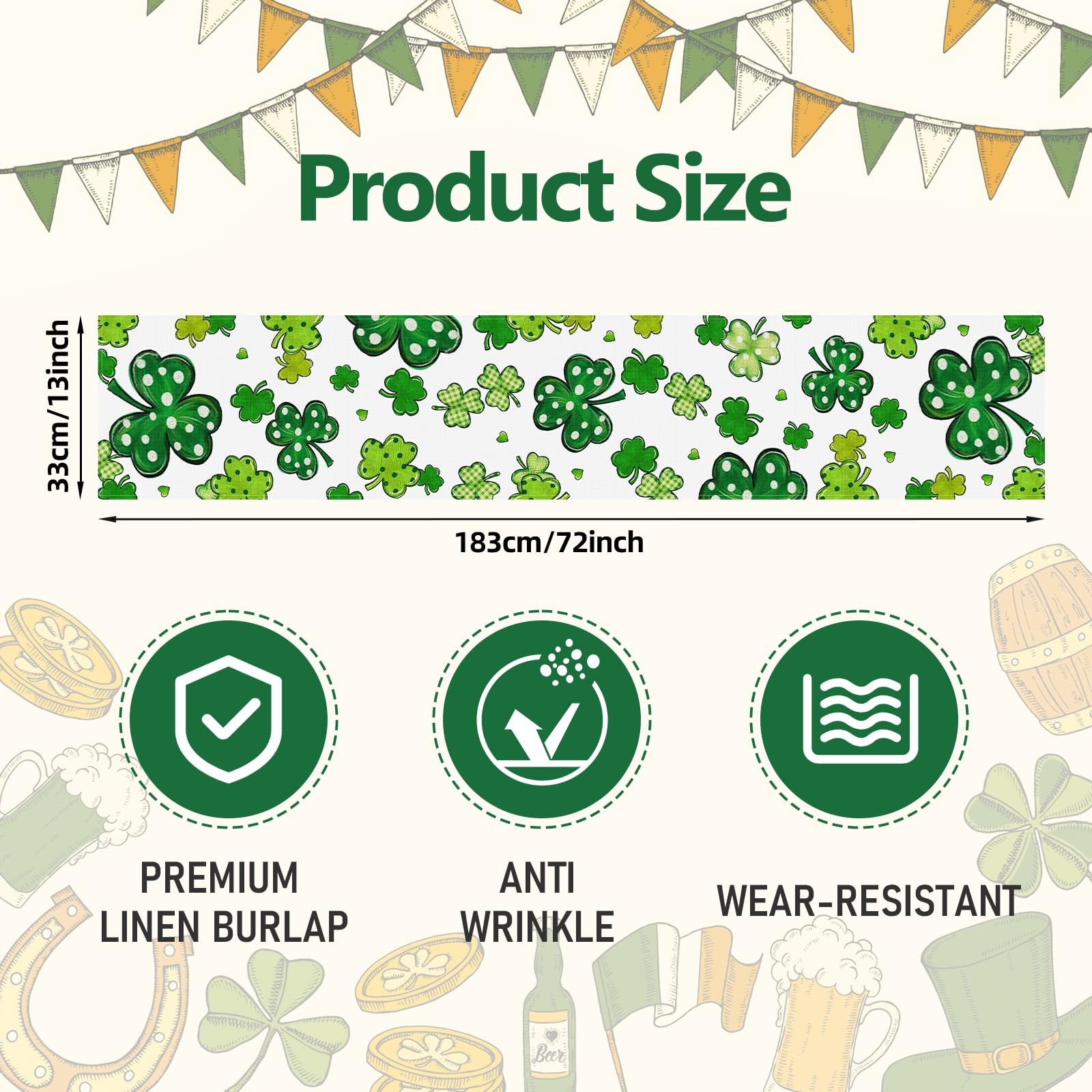 72 x 13 Inch St. Patrick's Day Table Runner 72 x 13 inches, Green gallery