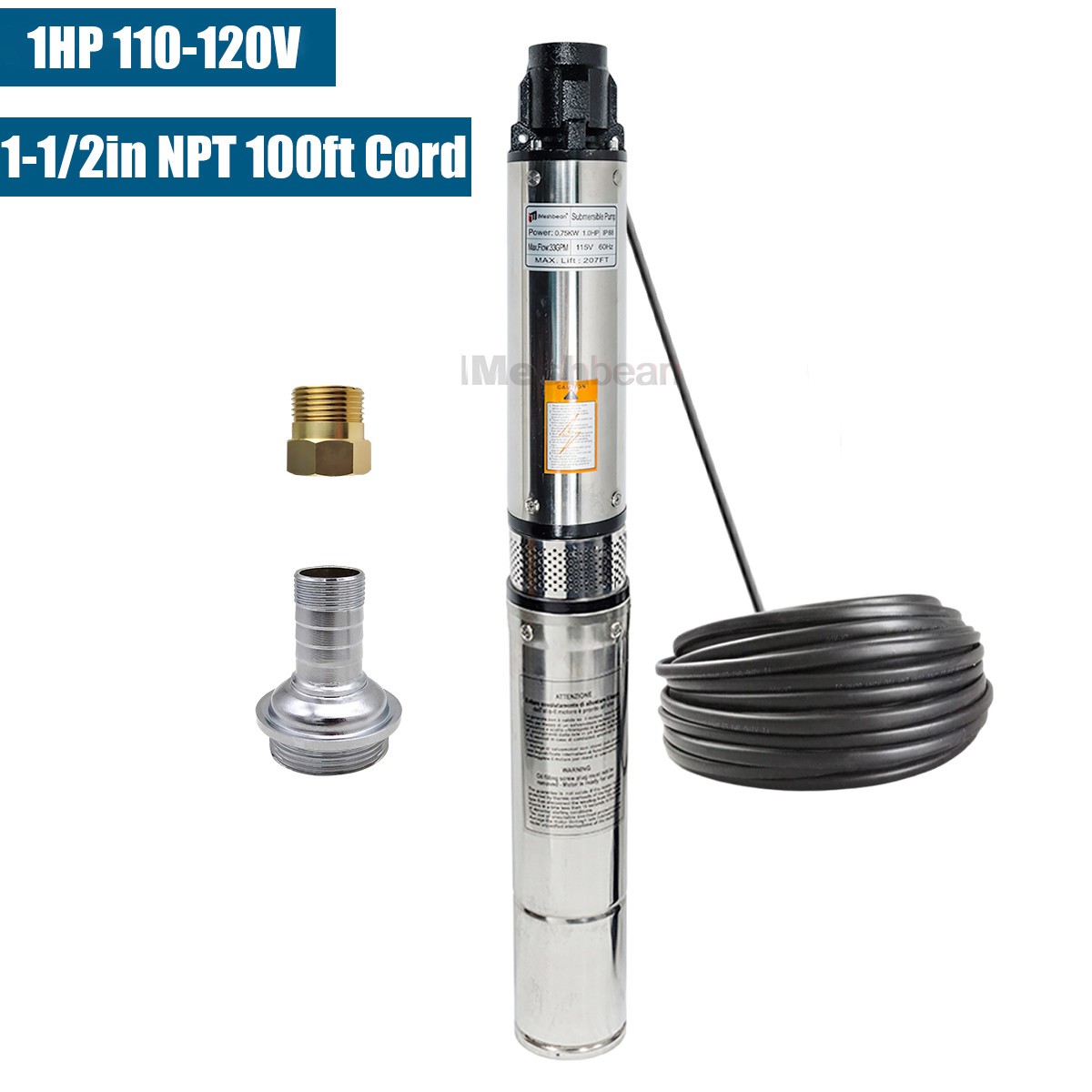 4'' Deep Well Submersible Pump 1 HP 115V 33GPM 276ft Stainless Steel 100ft Cord gallery