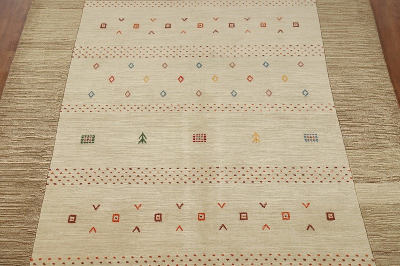 Bordered Stylish and Durable Gabbeh Beige Rug Hand-knotted Wool 5x8 ft. gallery