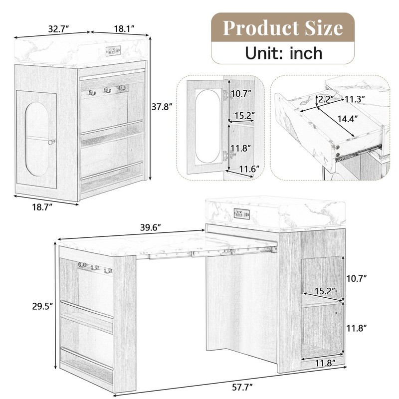 Extendable TREXM Rolling Kitchen Island with , Built-in Socket & Side Hooks gallery