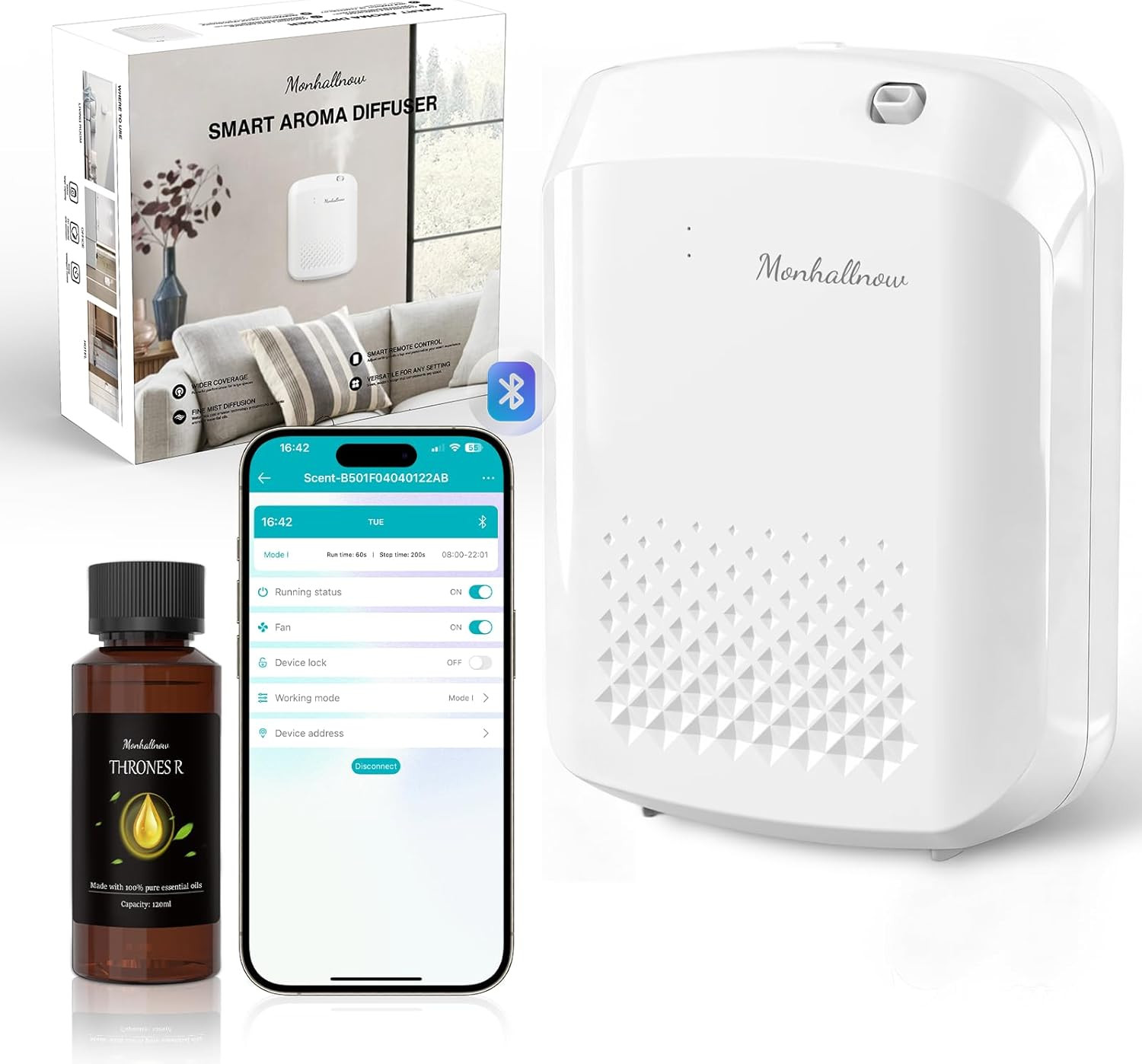 Waterless Essential Oil Diffuser, 2500 Sq.Ft Coverage, Bluetooth App Control, No gallery