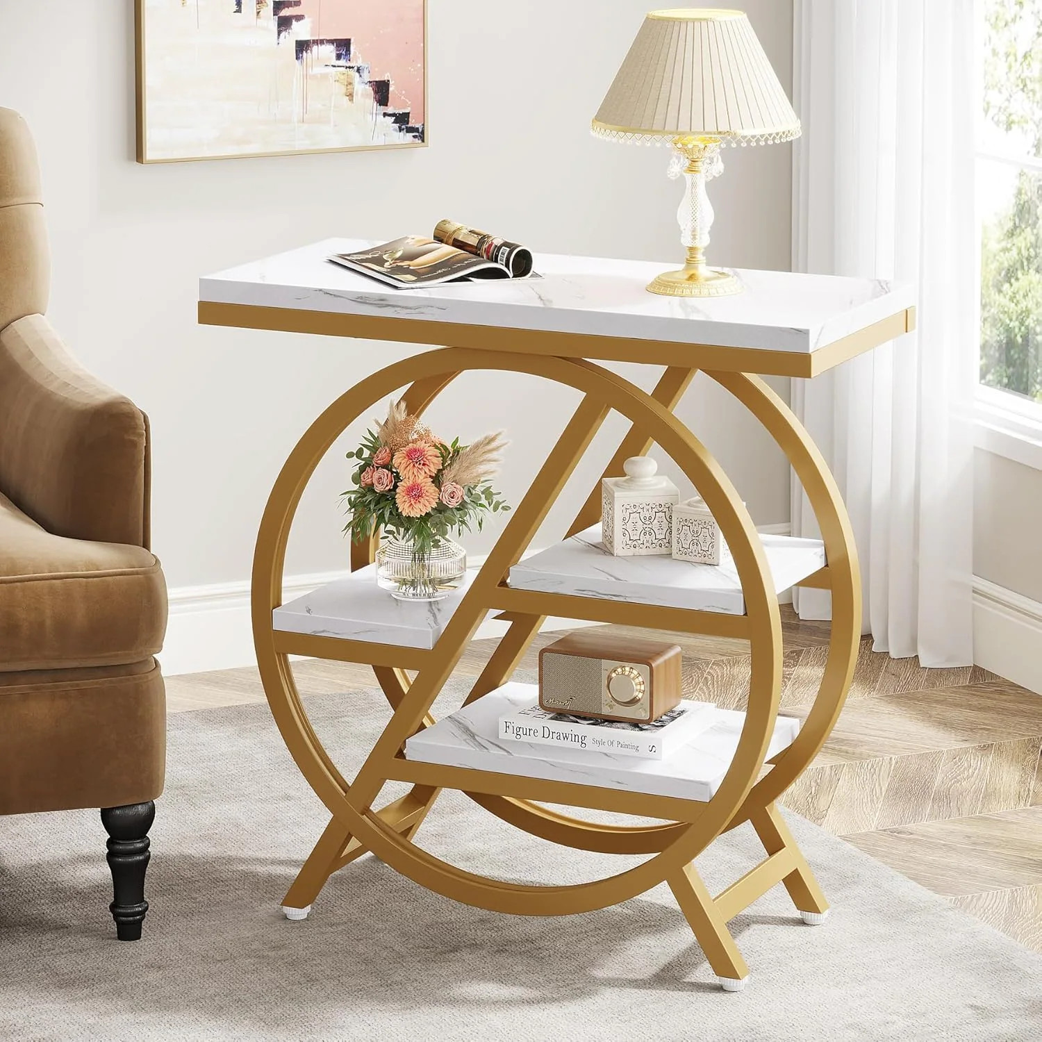 White Gold 3 Tier End Table Storage Shelves Side Table Wood Metal Circle Round gallery